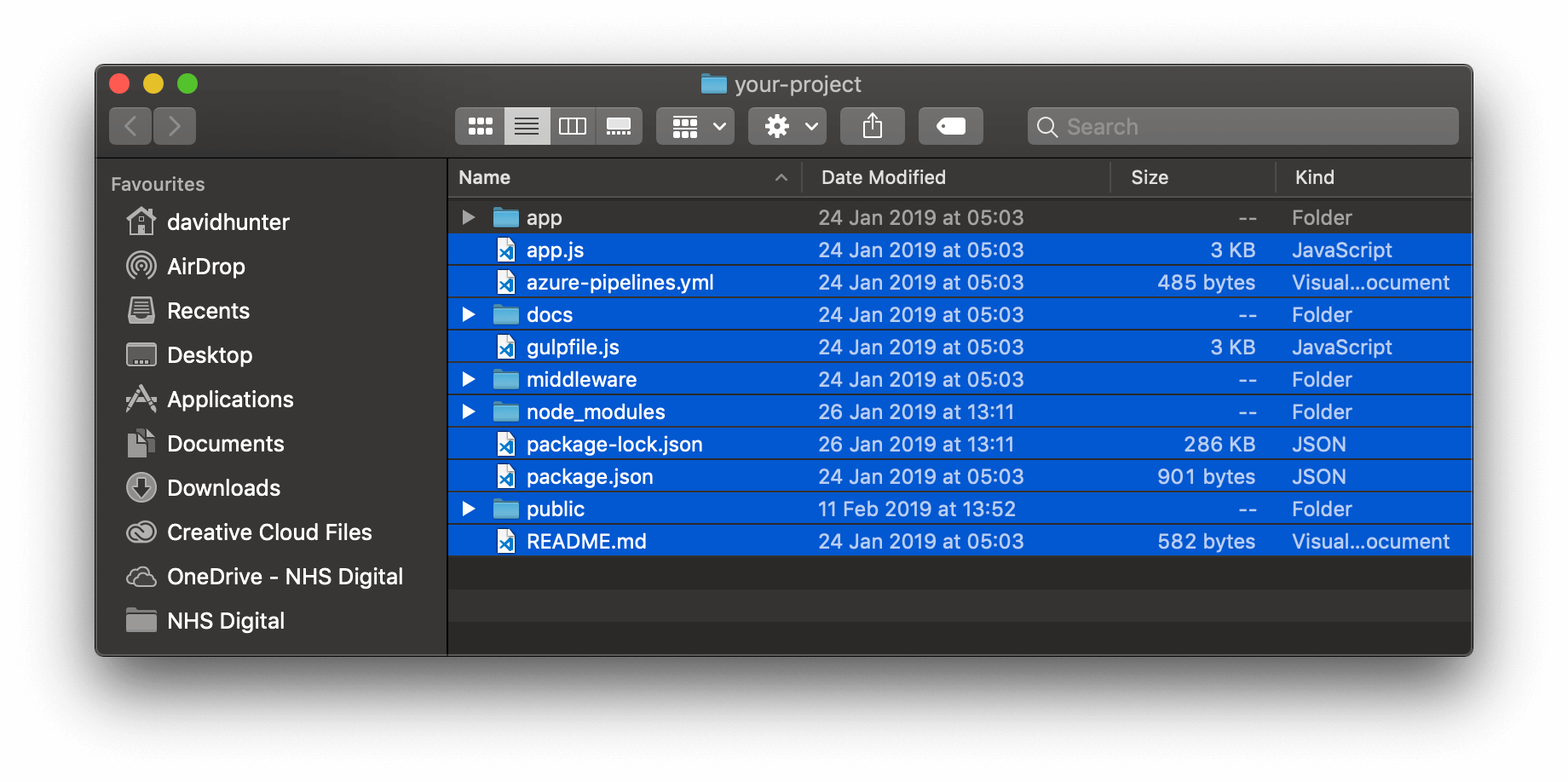 Screenshot of the project folder, highlighting the folders and files that are to be deleted